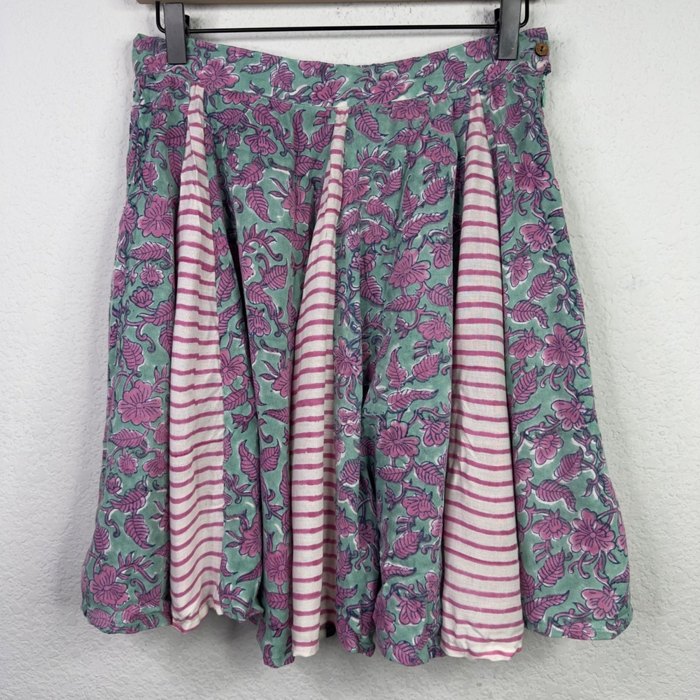 Symbology Skirt Womens 6 Green Pink Floral Striped Artsy Festival Boho Whimsical